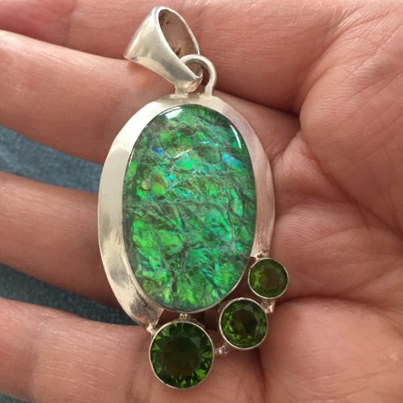 Ammolite peridot solid sterling silver pendant - Picture 5 of 10